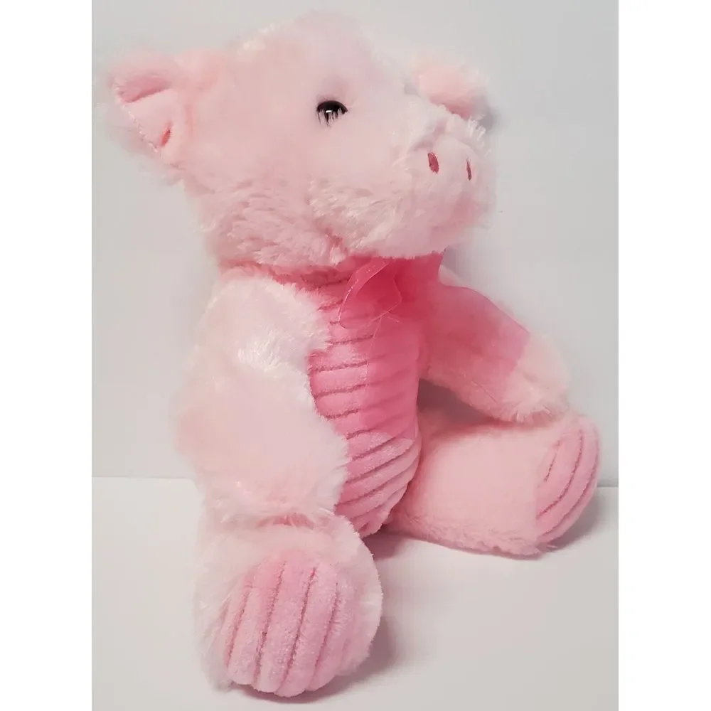 Dan Dee Pink Pig Stuffed w/Bow Plush Animal Pig Ribbed Curly Tail Super Soft Fur